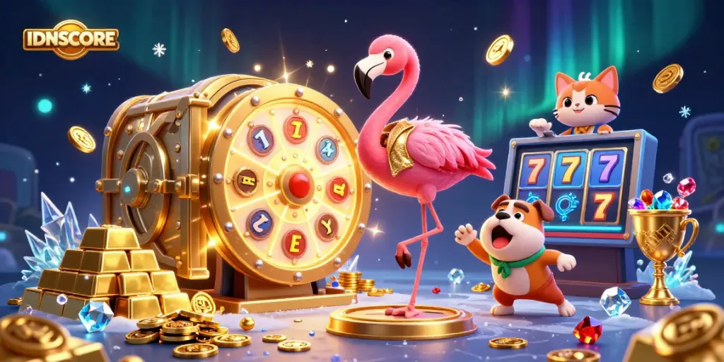 IDNSCORE showcases a vibrant casino scene with a flamingo host, bulldog contestant, and gems.