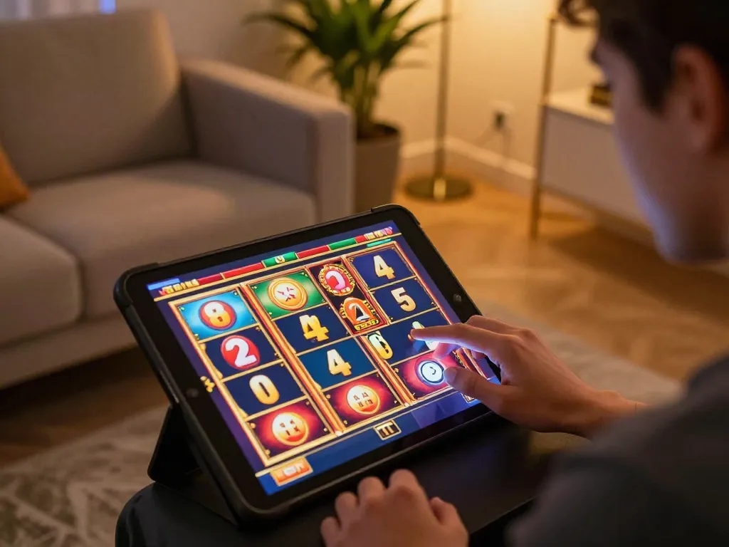 Orang yang menikmati permainan online di rumah bermain slot di tablet OKESLOT, suasana ceria dan menarik