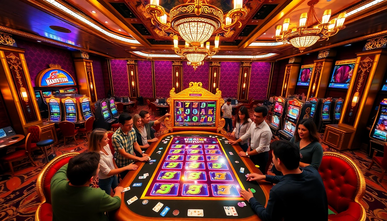 Engaged players enjoying slot online machines in a vibrant casino scene filled with excitement.