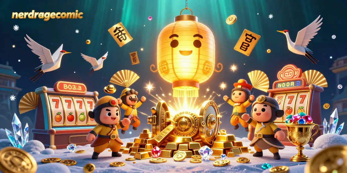 Gambar nerdragecomic dengan roh lampion raksasa mengapung di kasino malam, dikelilingi elemen permainan keuangan.