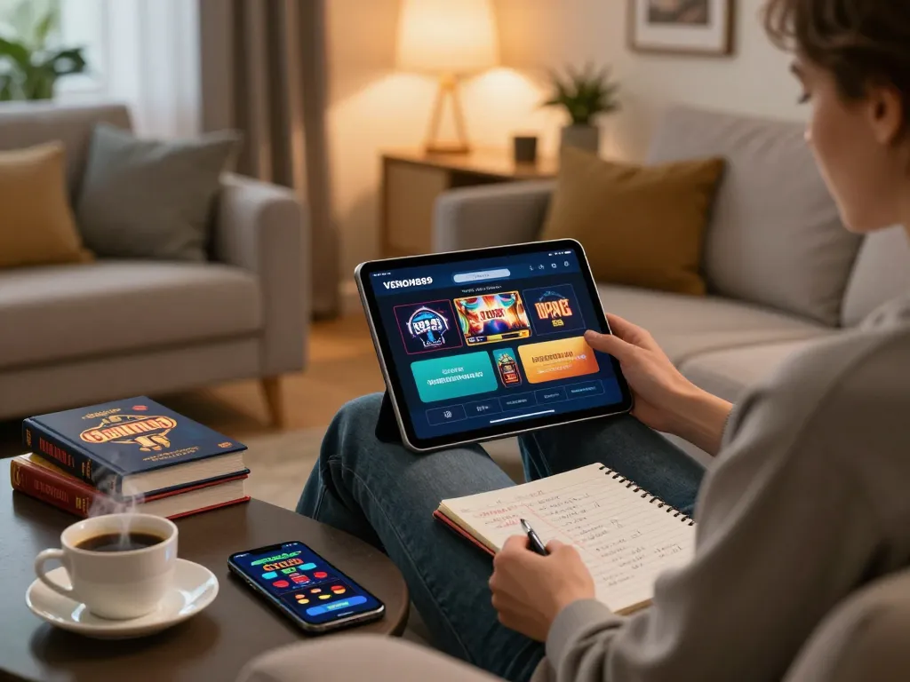 Engaging with the VENOM889 app in a cozy living room setting for responsible gaming.