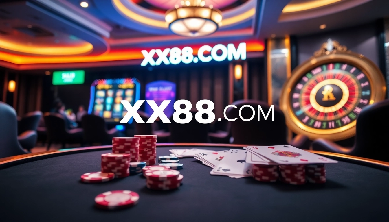 Experience high-stakes gaming with XX88.COM at an elegant poker table surrounded by vibrant casino elements.