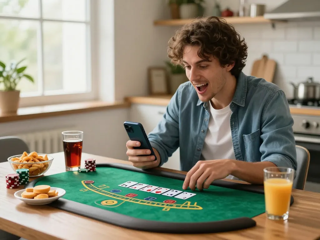 Enjoying mobile blackjack on 98win with a smartphone while calculating bets.