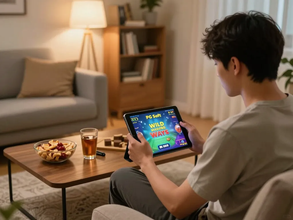 IDNSCORE player engaging with PG Soft Wild Mahjong Ways in a cozy online gaming environment