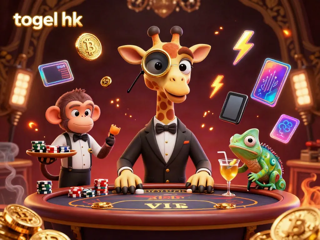 Gambarlah togel hk dengan ilustrasi 3D kartun yang menarik, menghadirkan jerapah, monyet, dan bunglon dalam suasana kasino.