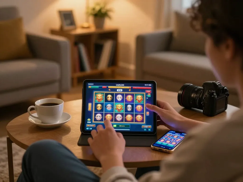 LIGALGO user enjoying online slot games on a tablet in a cozy home environment.