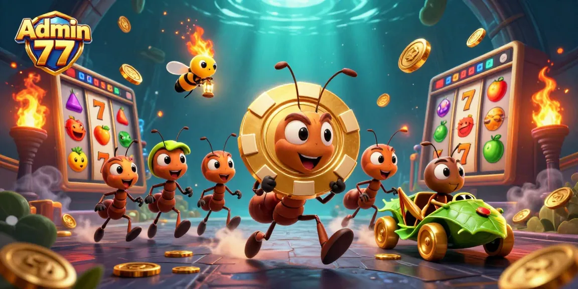 Admin 77 shows a team of ants carrying a giant poker chip while engaging in a thrilling online gambling heist.