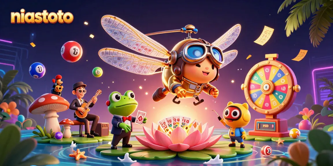 Experience thrilling gaming moments with niastoto, featuring a vibrant dragonfly pilot and lively frog dealer in a dynamic casino setting.