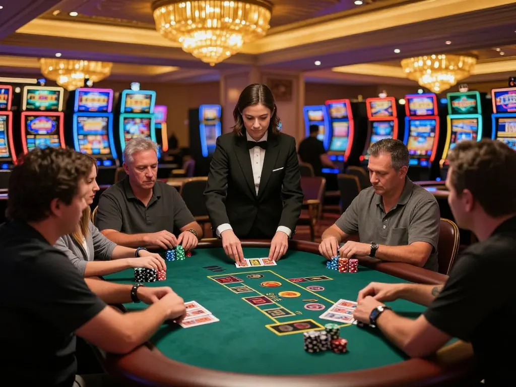 Players engaged at a blackjack table in a luxurious casino, highlighting strategies for winning at sunwin gaming.