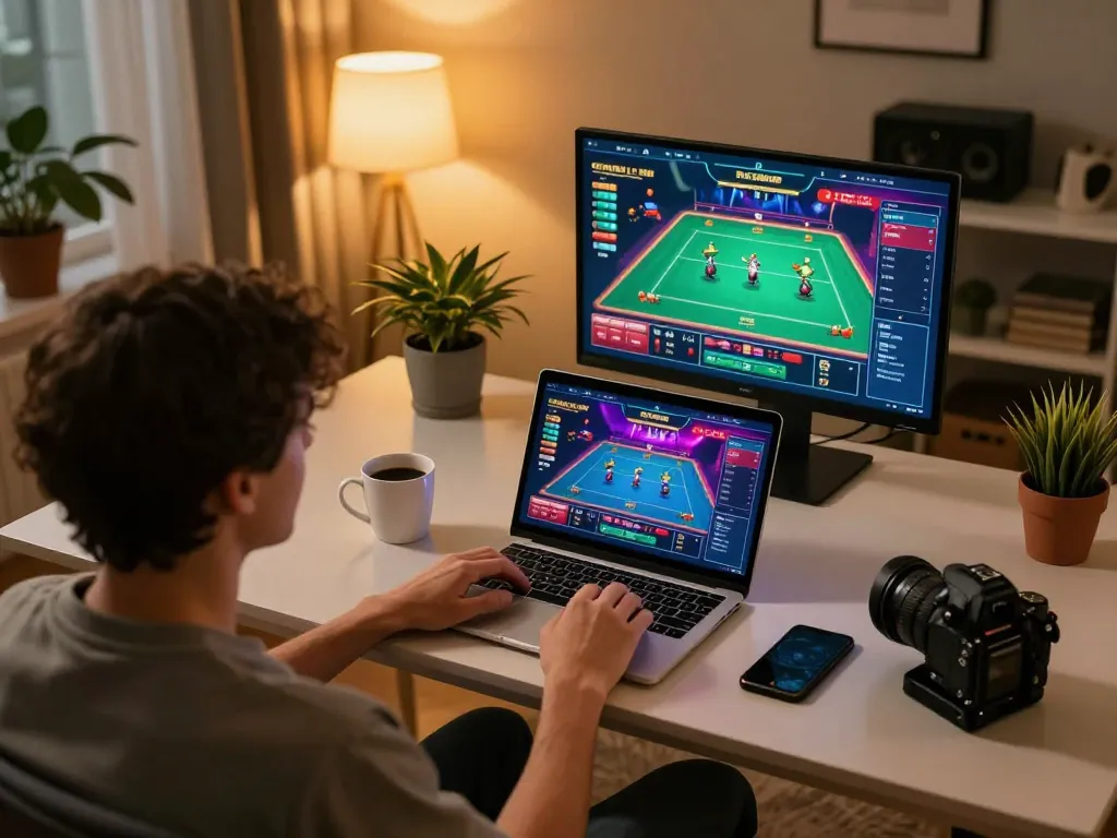 Engaging in strategic gameplay on mb66an from a cozy home office setup with laptop and smartphone