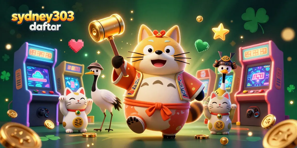 Gambarkan suasana bermain judi menyenangkan di sydney303 daftar, dengan tanuki dan kucing keberuntungan