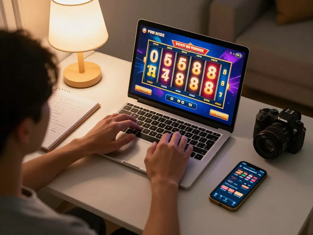 Engaging with a toto slot game on a laptop while tracking betting strategies in a cozy home.