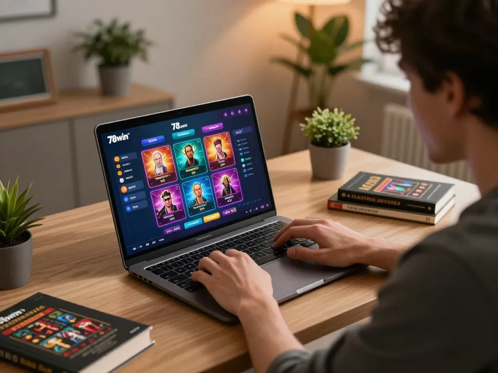 A player engaging with the 78win online casino, focusing on strategy and gaming at home in a cozy environment.