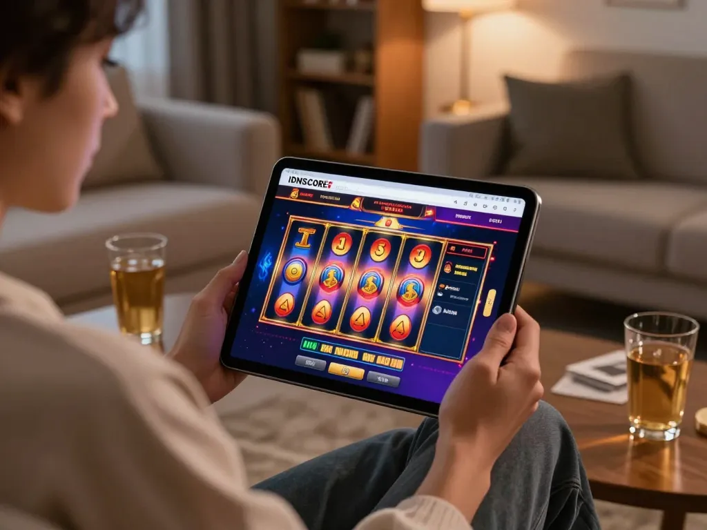 IDNSCORE RESMI user enjoying online casino slots from home, showcasing vibrant game interface on tablet.