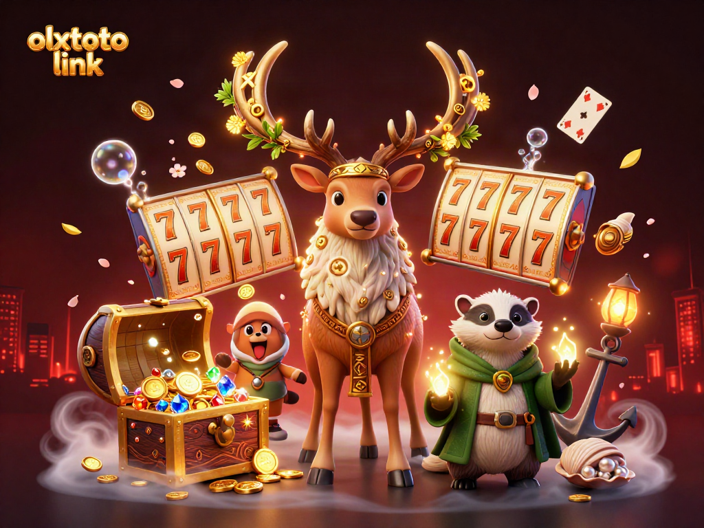 Explore the vibrant olxtoto link scene featuring a druid stag amidst slots and treasure.
