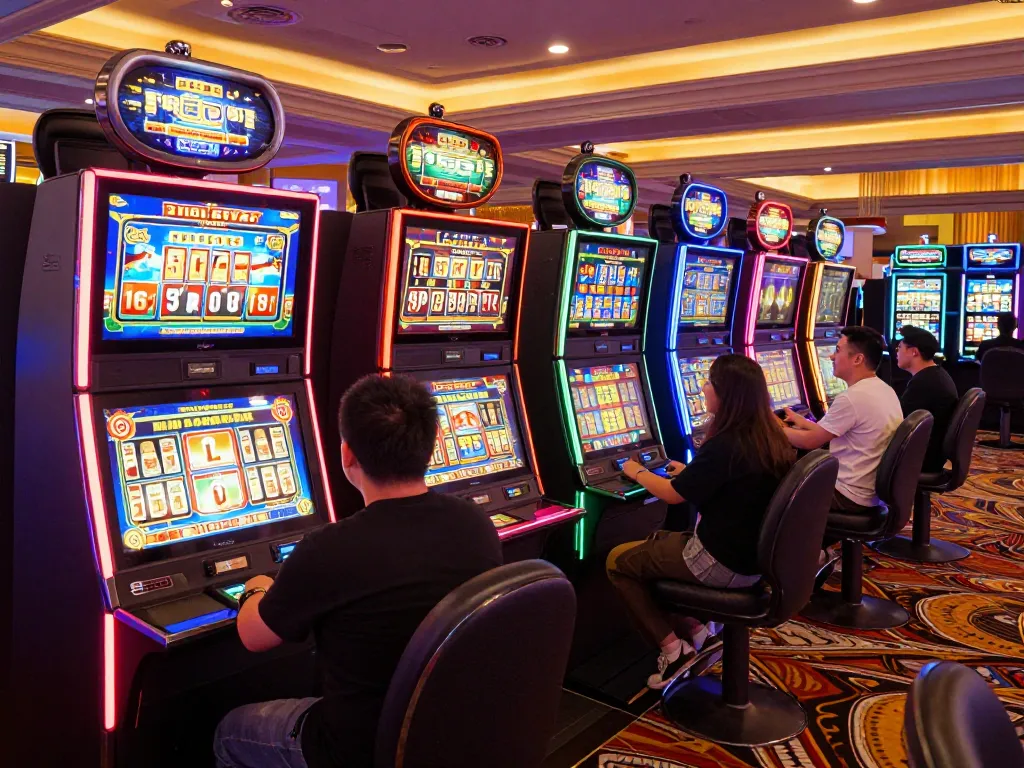 Players enjoying exciting slot pulsa experiences at colorful casino machines with vibrant displays.
