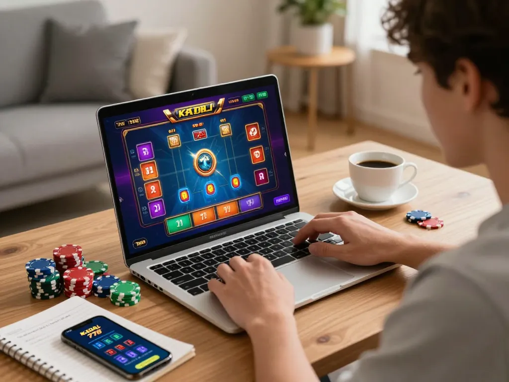 KADAL 778 online gaming scene with a player focused on winning strategies at their laptop during an engaging casino game.