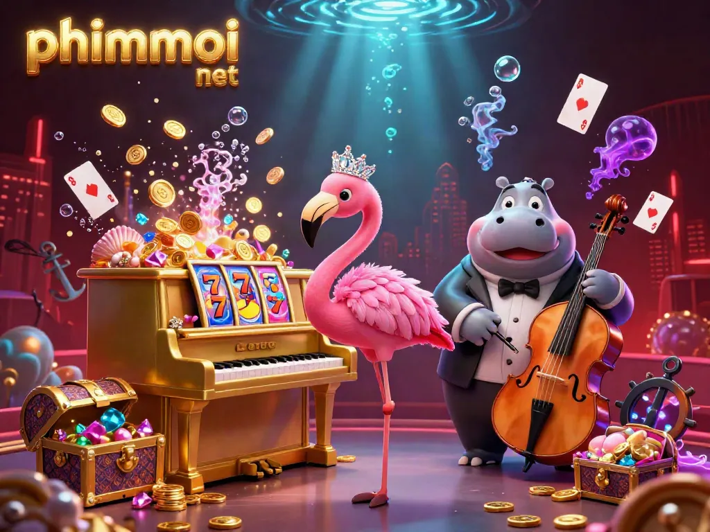 Experience excitement with phimmoi net featuring lively casino characters, slot reels, and vibrant gaming elements.