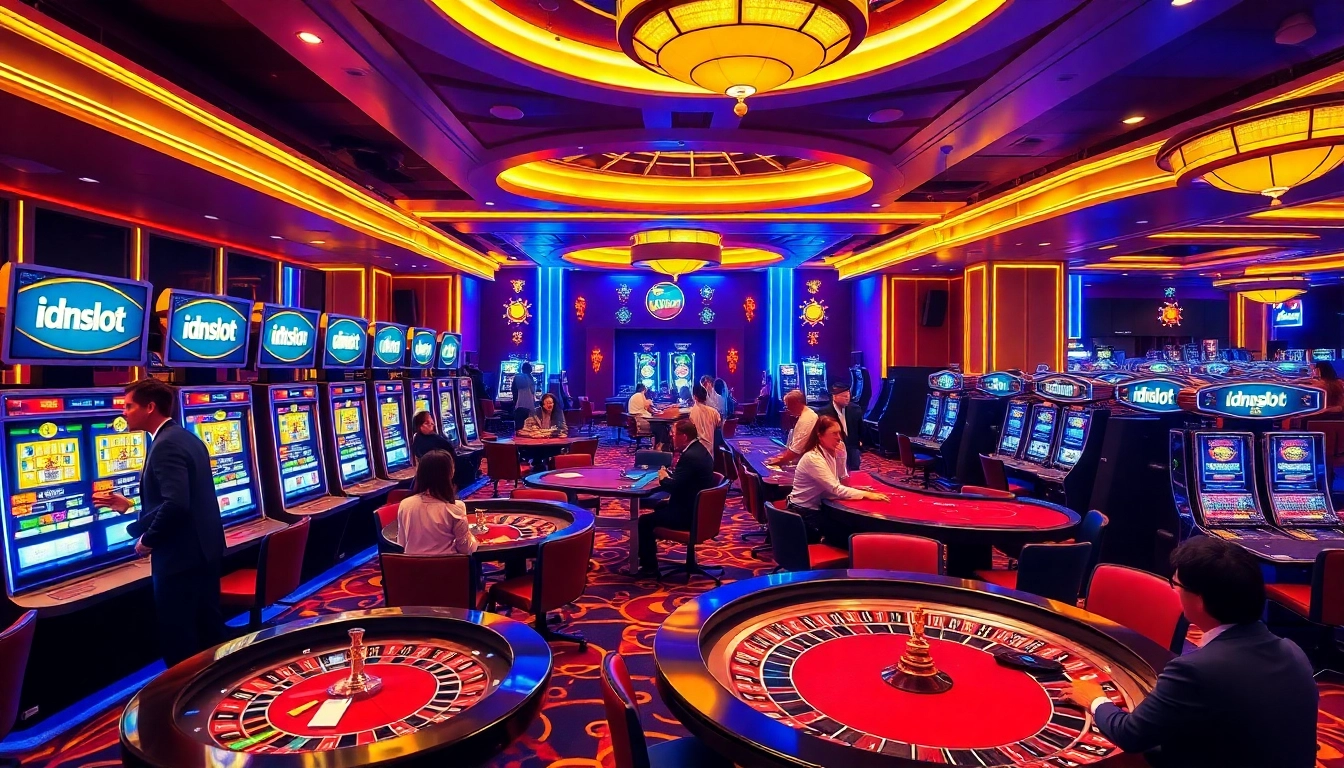 Players enjoying slot games at idnslot in a vibrant casino atmosphere filled with excitement.