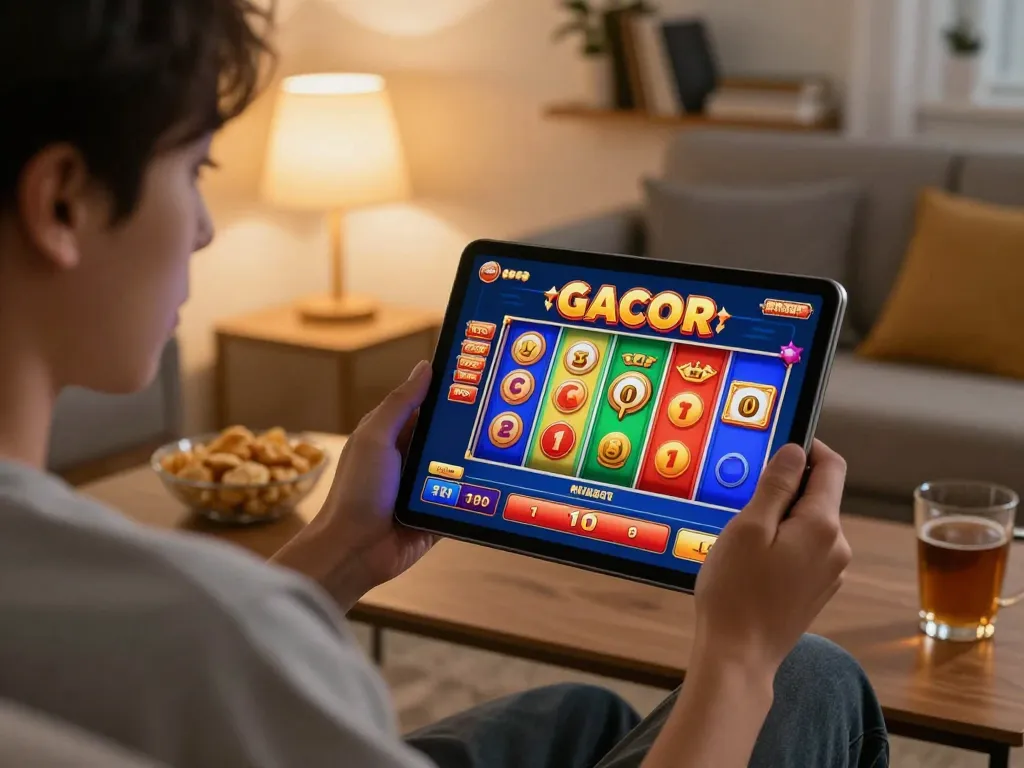 SLOT GACOR gaming interface on a tablet in a cozy living room, showcasing responsible gaming