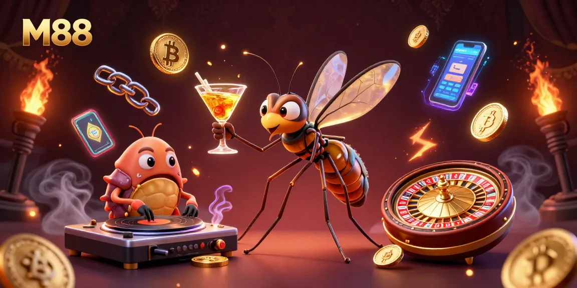M88 captivates players in a vibrant casino scene with a mosquito mascot, trilobite DJ, and golden roulette wheel