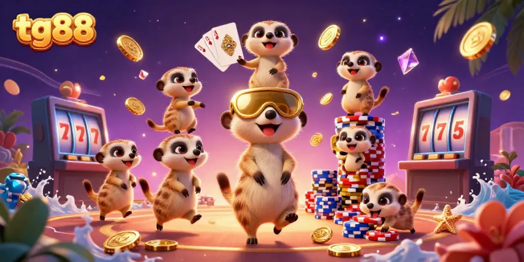 Experience vibrant casino excitement with tg88's meerkat characters amidst coins and cards.