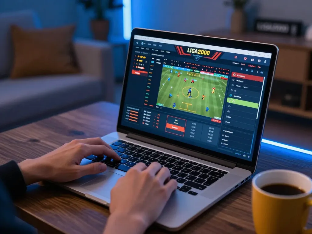 LIGA2000 betting interface displayed on laptop during a tense sports betting session, capturing high-stakes excitement.