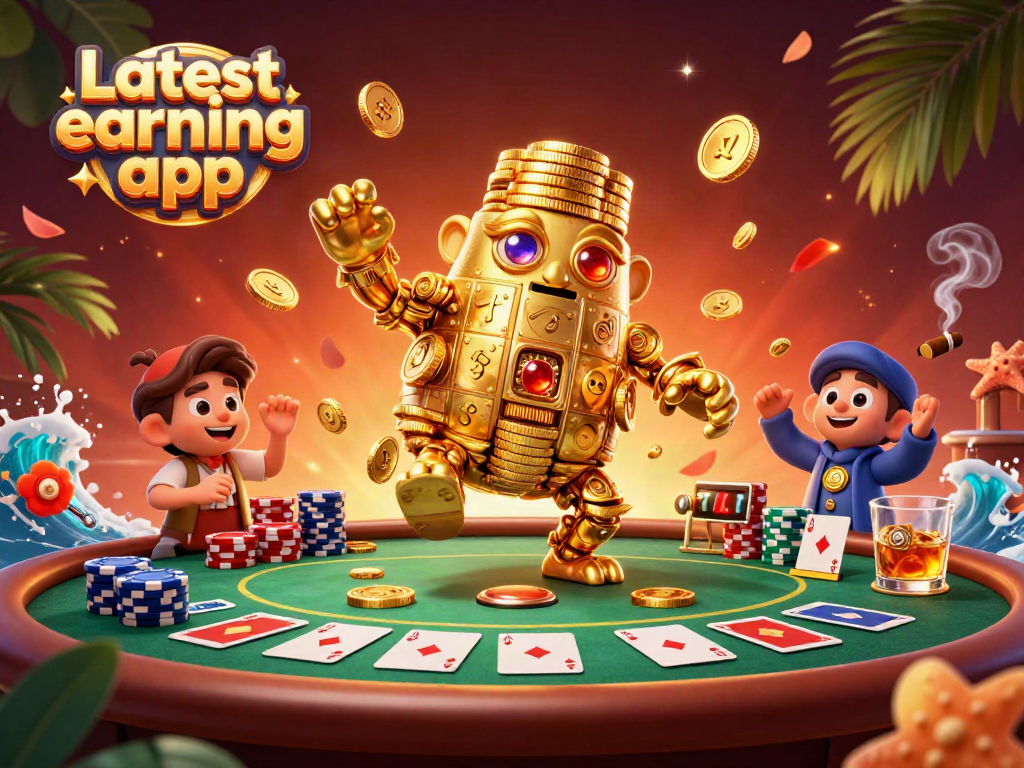 Engaging scene of a golden golem highlighting the Latest earning app with vibrant casino elements