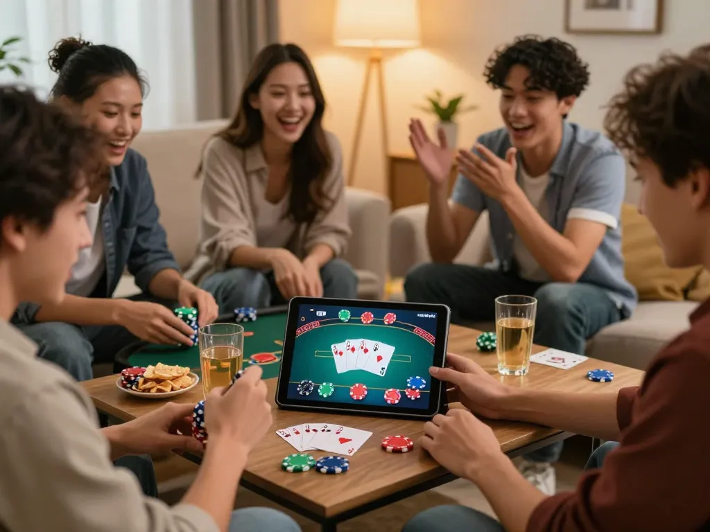 UG DEWA players enjoying online poker night with friends, vibrant cards and chips displayed.