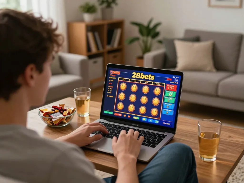 Engaged player enjoying a vibrant slot game at 28bets casino in a cozy home setting.