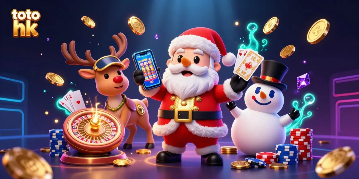Raih kemenangan dengan toto hk di kasino dengan karakter Natal yang ceria dan suasana berkilauan.