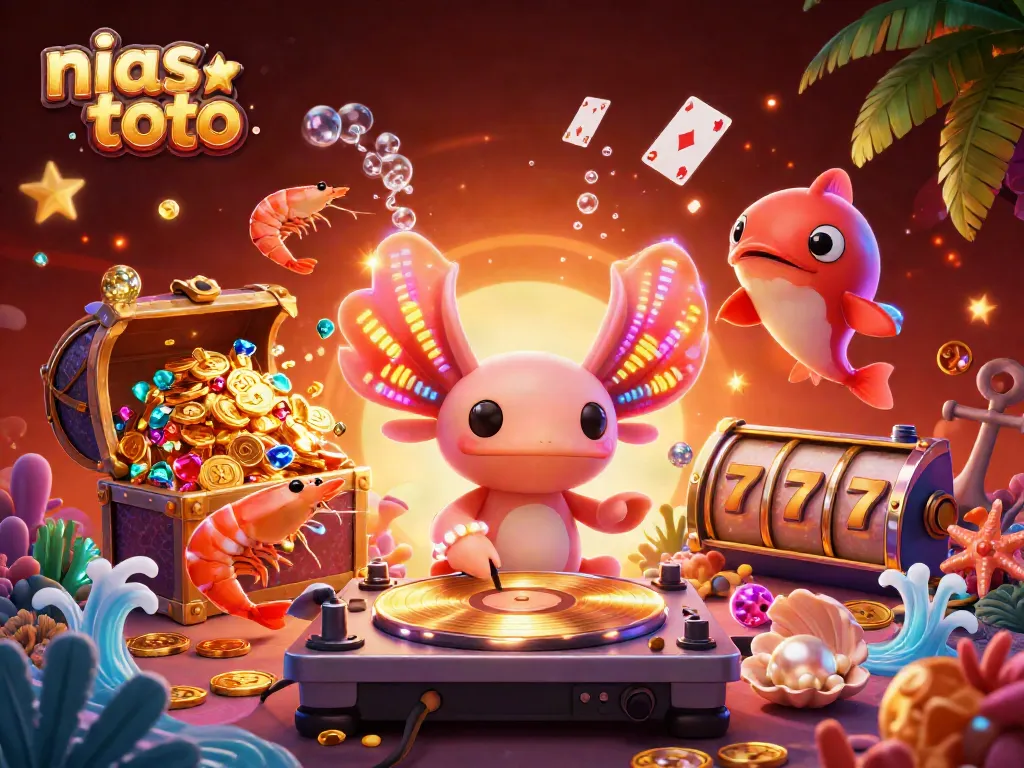 Illuminasi kasino nias toto yang menampilkan DJ axolotl dan elemen permainan di bawah laut.
