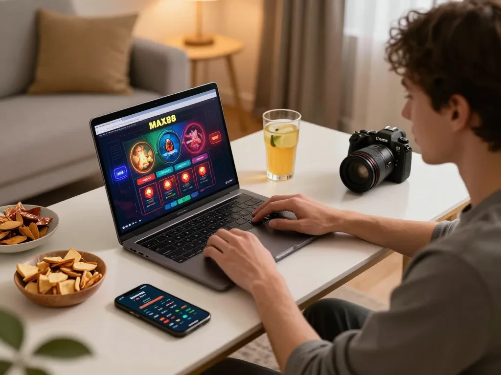 MAX88 player enjoying online gaming session at home with laptop and smartphone