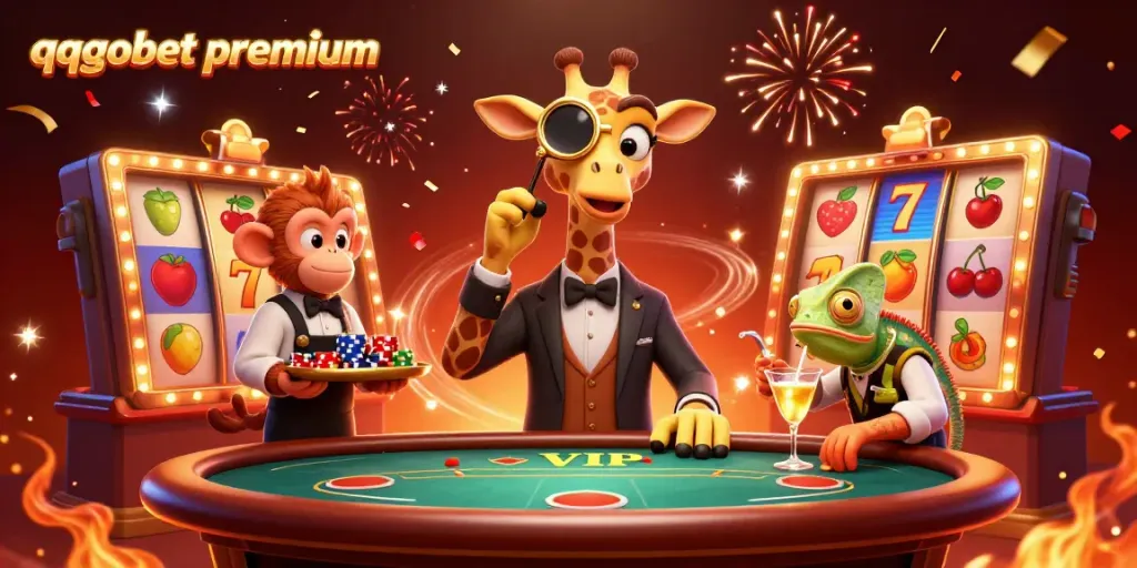 Step into the excitement of qqgobetpremium with a high-roller giraffe and festive casino elements.