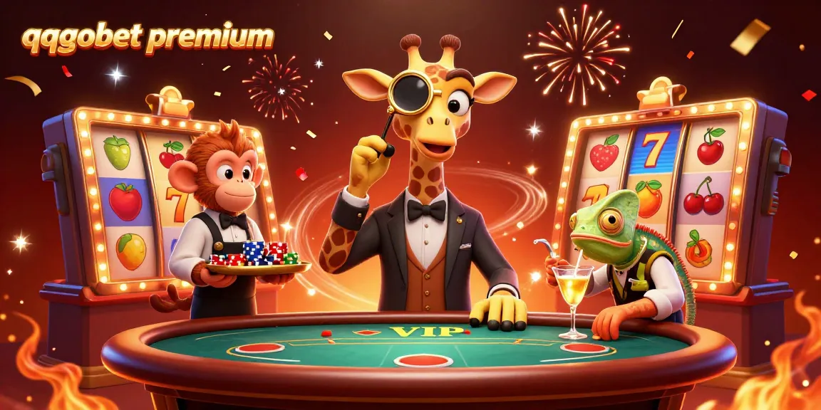 Step into the excitement of qqgobetpremium with a high-roller giraffe and festive casino elements.
