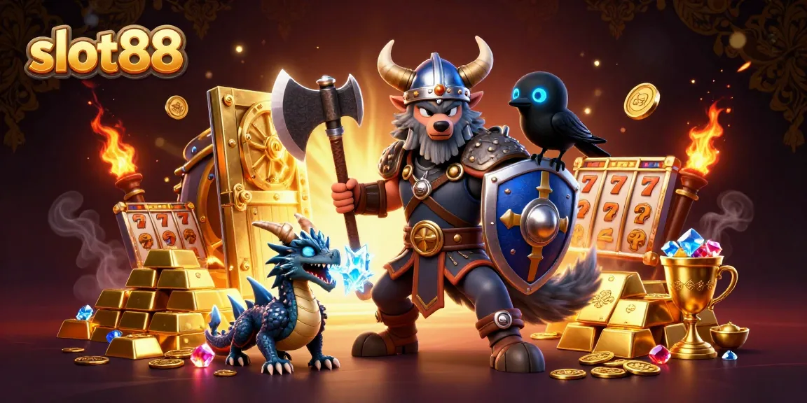 Engaging slot88 scene with a Viking wolf warrior, fierce dragon, and treasure elements