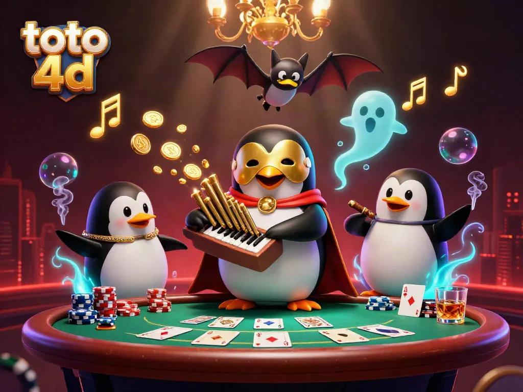 Experience the excitement of toto 4d with a vibrant casino illustration featuring a penguin and acrobat.