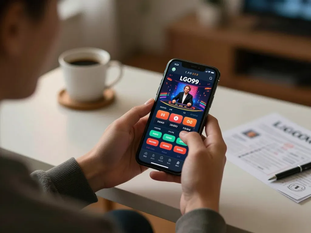 LGO99 users actively engaging in mobile gambling strategy on their devices in a cozy home environment.