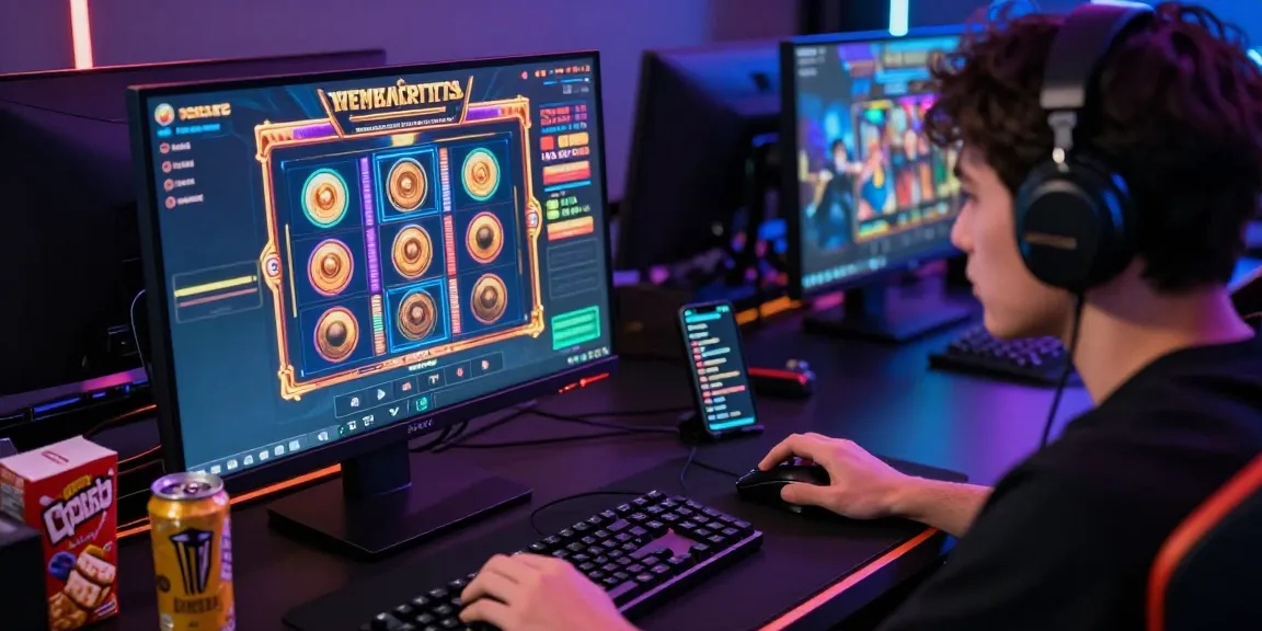 Login Modal138 di layar monitor, pemain terfokus pada permainan slot online yang menarik.