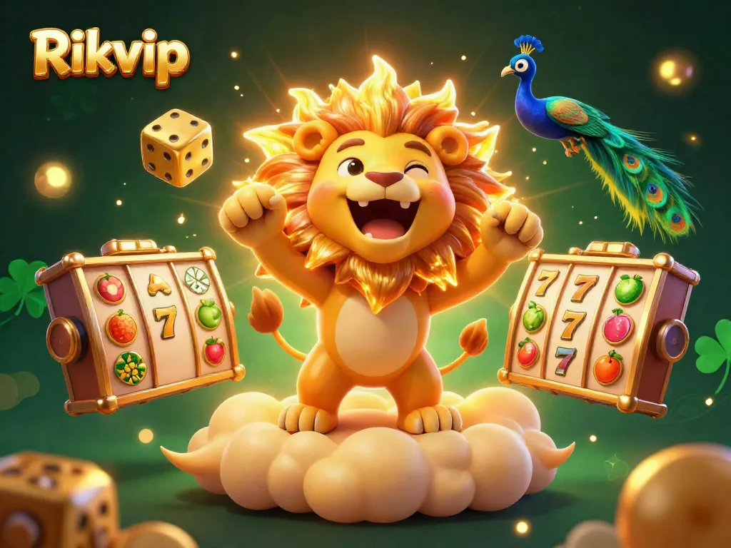 Play slots and win with Rikvip's vibrant casino illustration featuring a sun lion and dice.