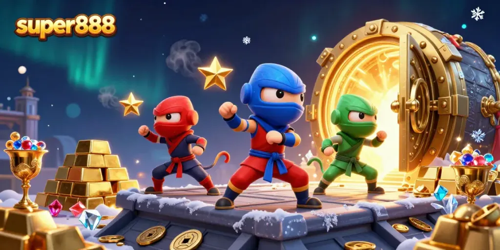 Temukan keberuntungan dalam permainan super888 dengan ninja chameleon yang beraksi di latar belakang harta karun.