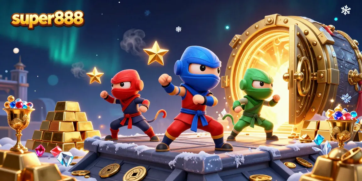 Temukan keberuntungan dalam permainan super888 dengan ninja chameleon yang beraksi di latar belakang harta karun.
