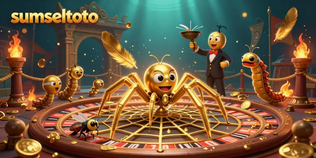 Experience thrilling gameplay with sumseltoto as a golden spider crafts a roulette web amidst vibrant casino visuals.
