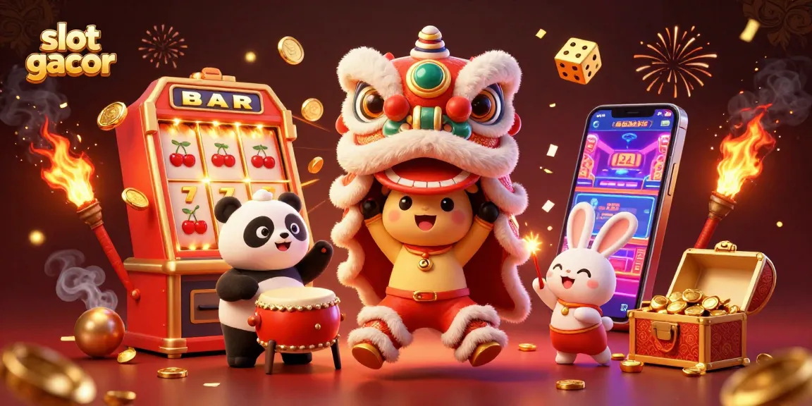 Engage with slot gacor excitement amidst vibrant casino symbols and festive characters.
