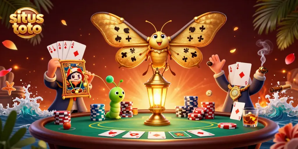 Menghadirkan situs toto dengan kartu poker dan kupu-kupu emas sebagai simbol keberuntungan di kasino virtual.
