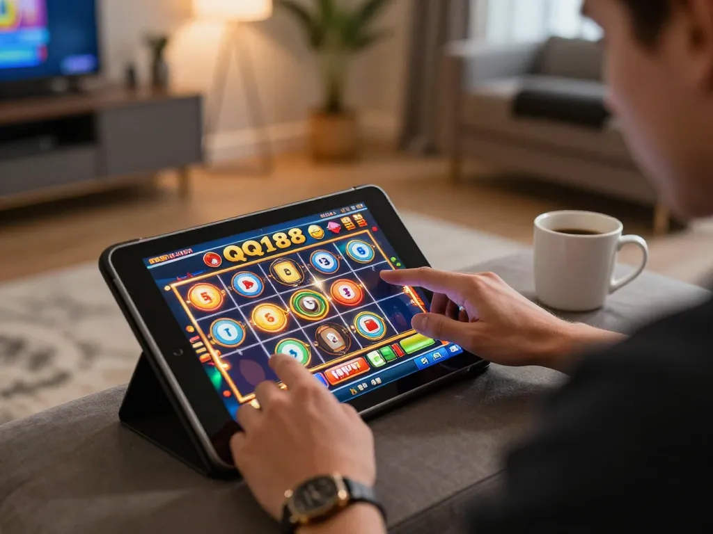Pemain berinteraksi dengan QQ188 Slot di tablet dalam suasana permainan di rumah yang hangat, menunjukkan momen kasino online yang mendebarkan