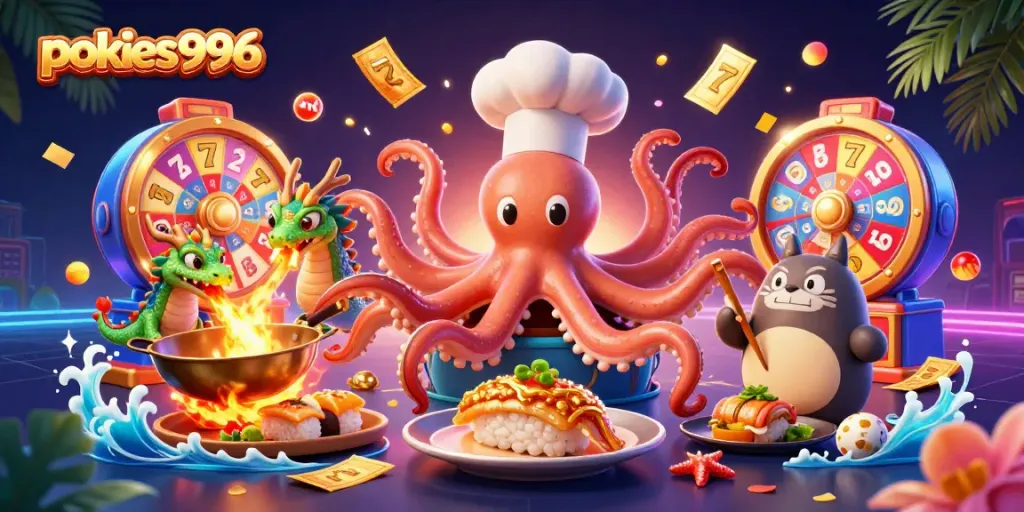 Experience the excitement of pokies996 with vibrant games, fiery dragon, and a whimsical octopus chef.