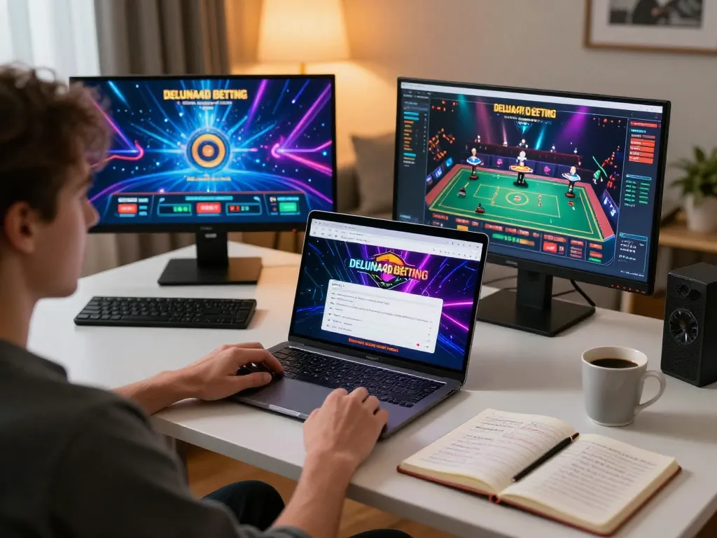 Scene permainan online yang menarik menampilkan antarmuka taruhan link deluna4d di laptop yang ramping dengan catatan strategis terlihat