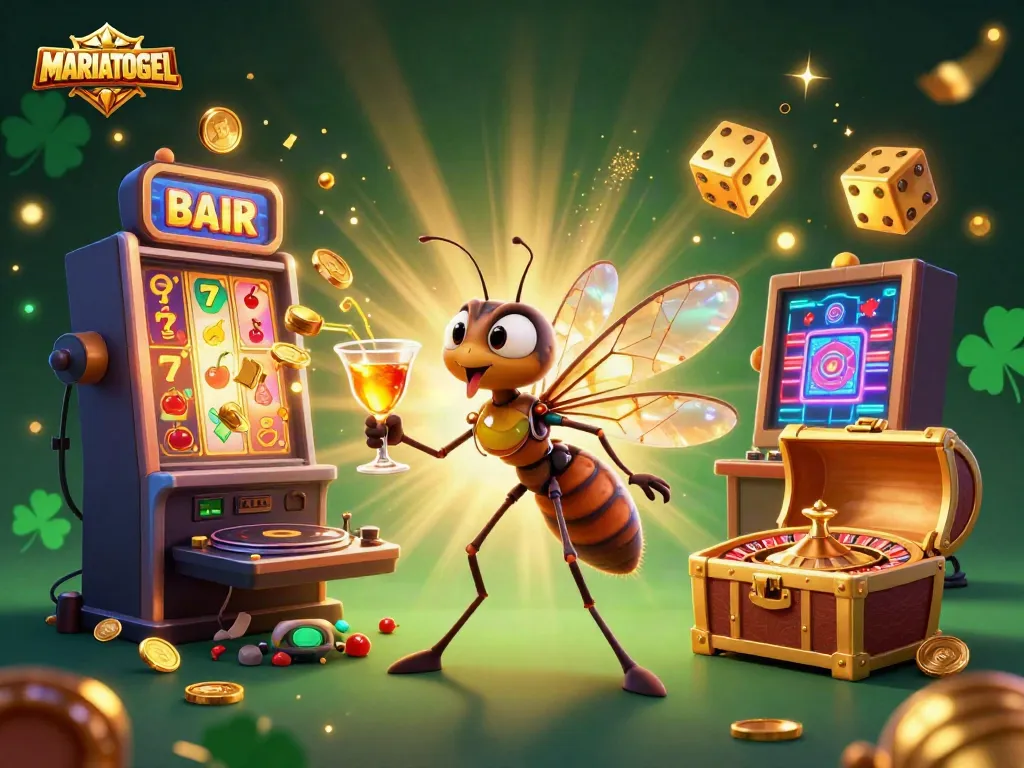 MARIATOGEL casino mascot with a golden cocktail, exciting jackpot scene bursting with gold