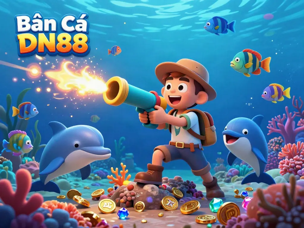 Experience the thrill of Bắn cá DN88 with an exciting underwater fish shooting scene featuring vibrant sea creatures and treasures.